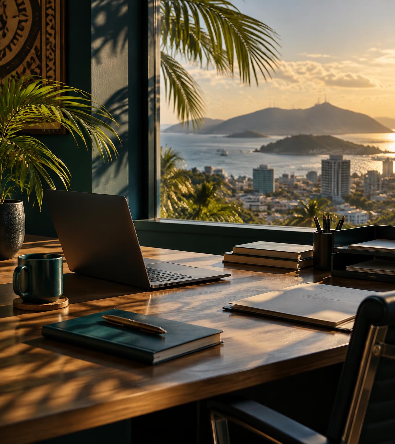 Organised office desk overlooking Port Moresby